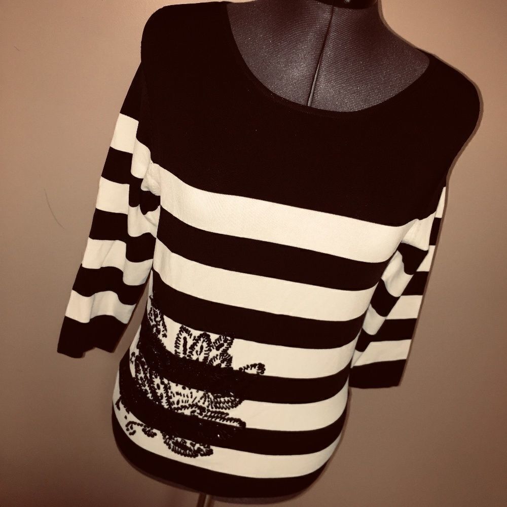 Venini Nights Black White Striped Embellished Top